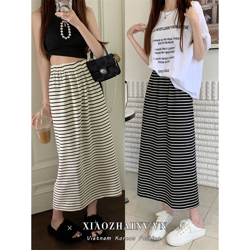 Chân Váy Chữ A Lưng Cao Xẻ Tà Họa Tiết Kẻ Sọc Thời Trang Mùa Hè Phong Cách Hàn Quốc Cho Nữ