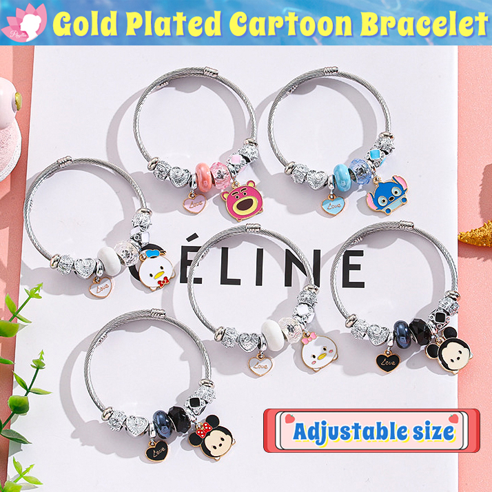 Vòng Tay Mặt Hình Gấu / Stitch Bằng Thép Không Gỉ Dễ Thương Có Thể Điều Chỉnh Thời Trang Cho Nữ