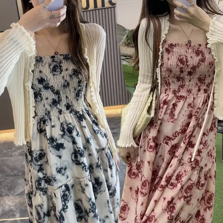 Đầm Hoa Hai Dây + Áo Khoác Cardigan Dệt Kim Dáng Ôm Thời Trang Retro Cho Mẹ Bầu