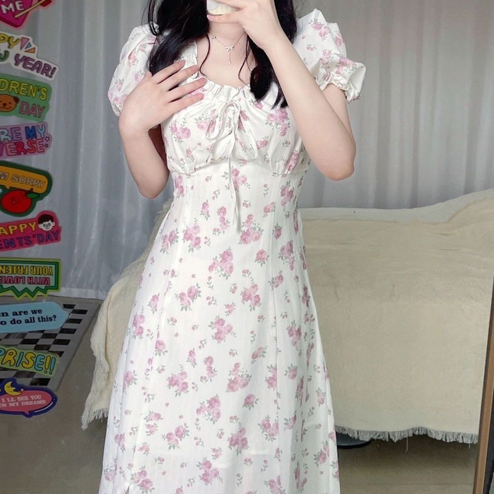 Đầm Tay Phồng Họa Tiết Hoa Thiết Kế Xẻ Tà Phong Cách Retro Pháp Thời Trang Mùa Hè Cho Nữ