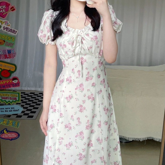 Đầm Tay Phồng Họa Tiết Hoa Thiết Kế Xẻ Tà Phong Cách Retro Pháp Thời Trang Mùa Hè Cho Nữ