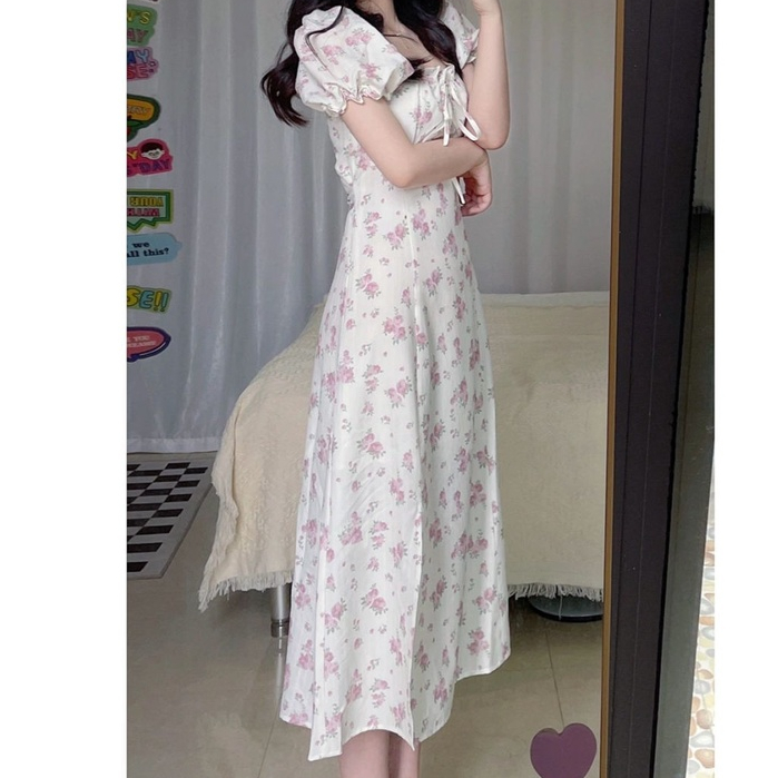 Đầm Tay Phồng Họa Tiết Hoa Thiết Kế Xẻ Tà Phong Cách Retro Pháp Thời Trang Mùa Hè Cho Nữ