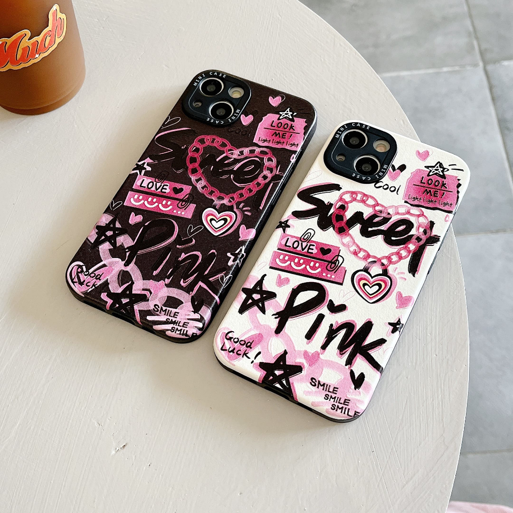 Ốp Điện Thoại Da Chống Sốc In Chữ Tiếng Anh Màu Hồng Cho iPhone 14 / 13 / 12 / 11