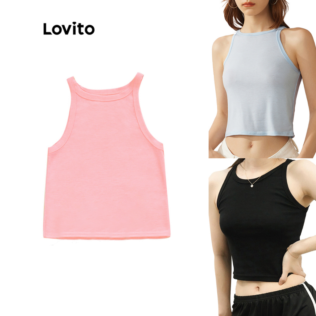 Áo Crop Top 3 chiếc Lovito Không Tay Dáng Ôm Màu Trơn L00103 (Đen/Xanh Lá/Hồng)