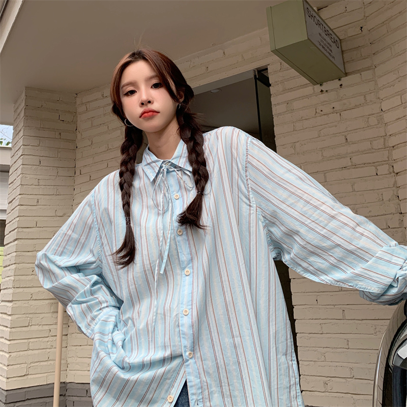 Áo sơ mi SUXI tay dài họa tiết kẻ sọc phong cách Hàn Quốc cổ điển thời trang mùa xuân dành cho nữ oversize