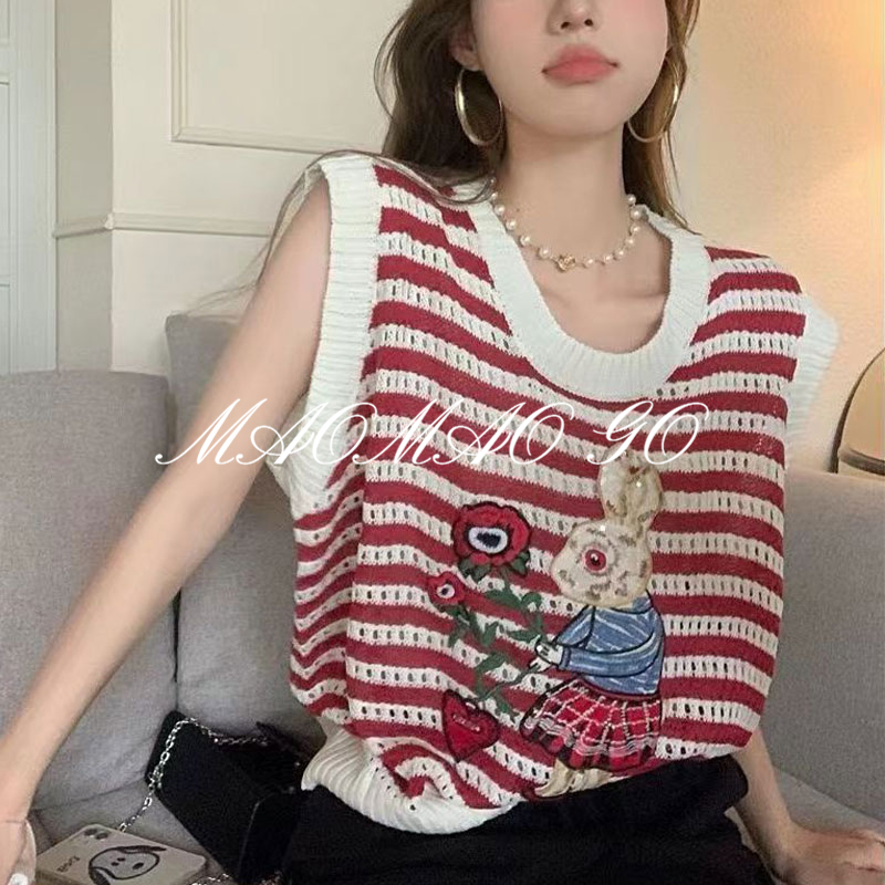 Maomao GO Áo sweater Mỏng Không Tay Kẻ Sọc Phong Cách Hàn Quốc Hong Kong Cho Nữ