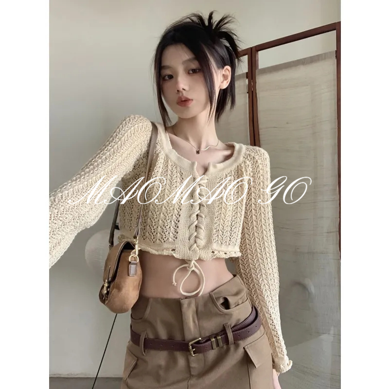 Maomao GO Áo Dệt Kim Chống Nắng Nhẹ Nhàng Khoét Rỗng Có Dây Đeo Thiết Kế Thần Tiên Che Nắng Cho Nữ