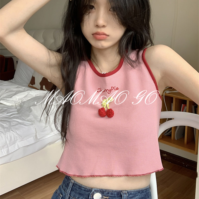 Maomao GO Cherry sling Áo Ba Lỗ Ngắn Màu Tương Phản Dễ Thương Thời Trang Mùa Hè Hàng Mới