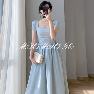   Đầm Ngắn Tay Cổ Tròn Ôm Eo Màu Trơn Phong Cách Phương Tây Đơn Giản