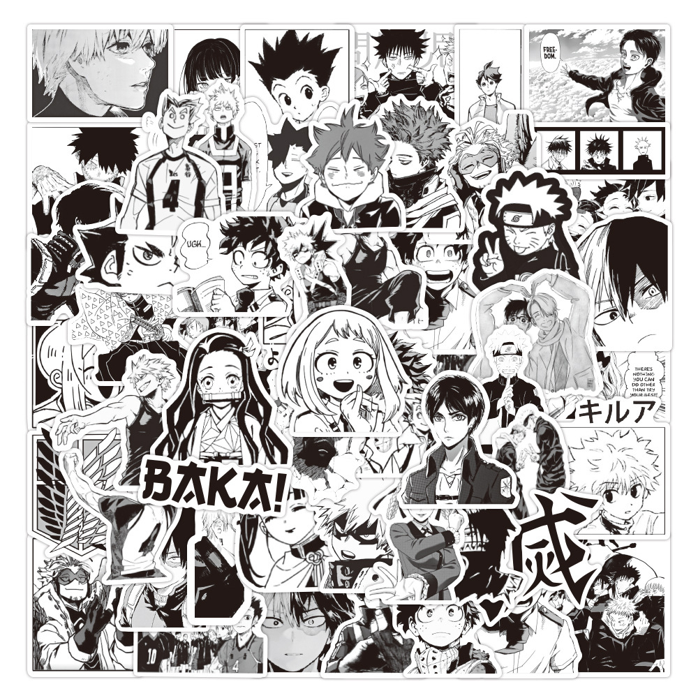 Bộ 50 Miếng Dán Hoạt Hình Màu Trắng Đen Cổ Điển Chống Thấm Nước DIY