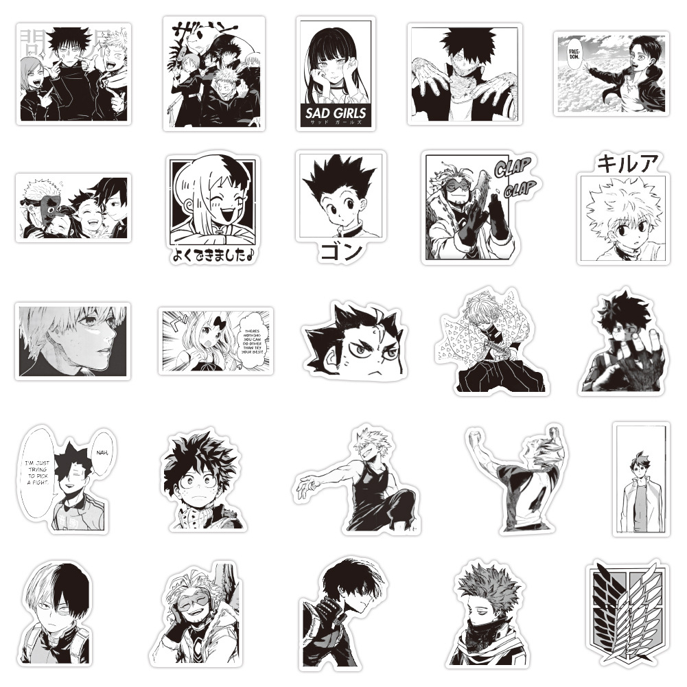 Bộ 50 Miếng Dán Hoạt Hình Màu Trắng Đen Cổ Điển Chống Thấm Nước DIY