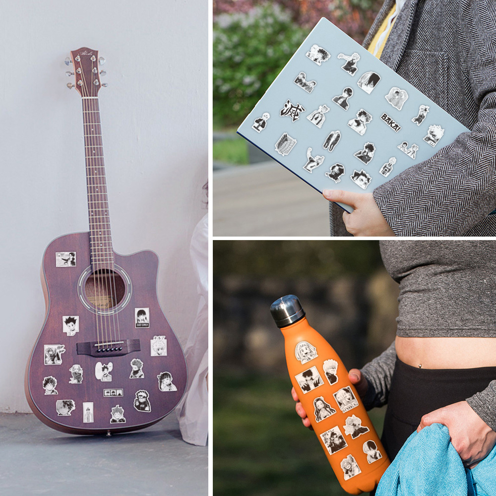 Bộ 50 Miếng Dán Hoạt Hình Màu Trắng Đen Cổ Điển Chống Thấm Nước DIY