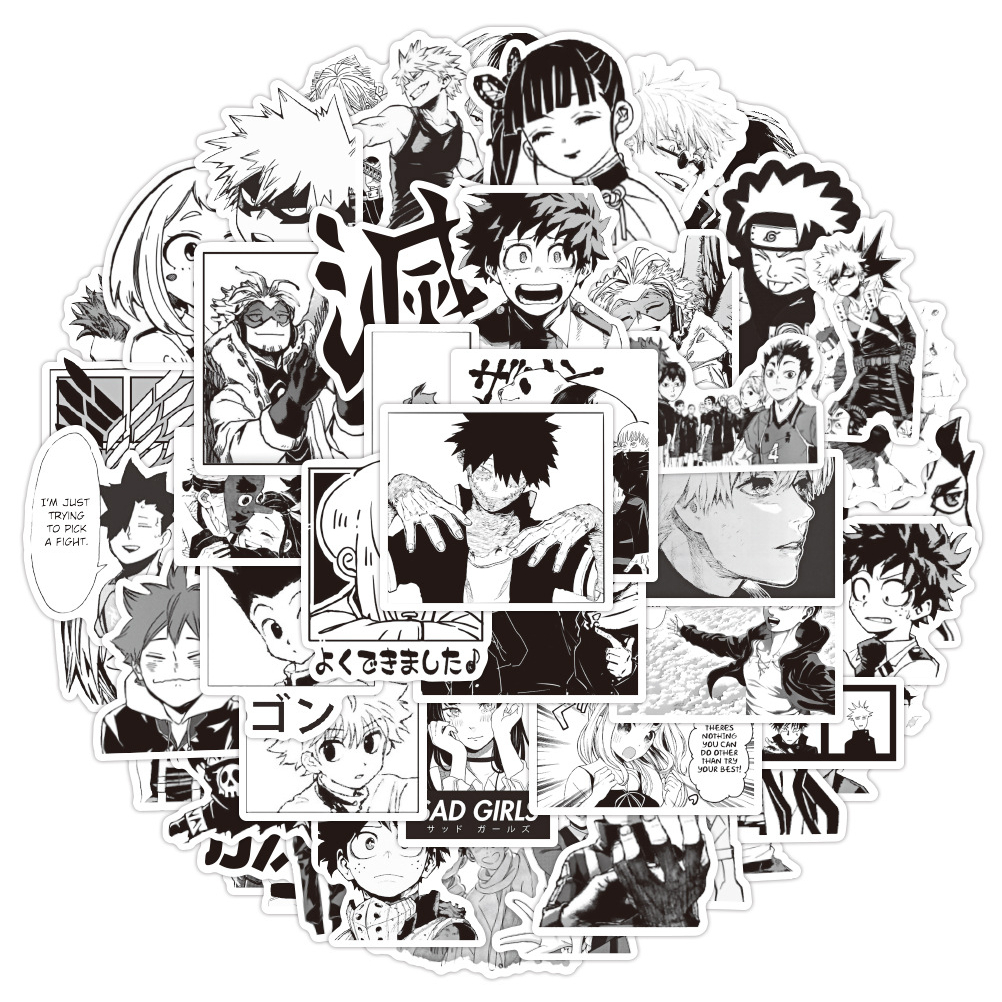 Bộ 50 Miếng Dán Hoạt Hình Màu Trắng Đen Cổ Điển Chống Thấm Nước DIY