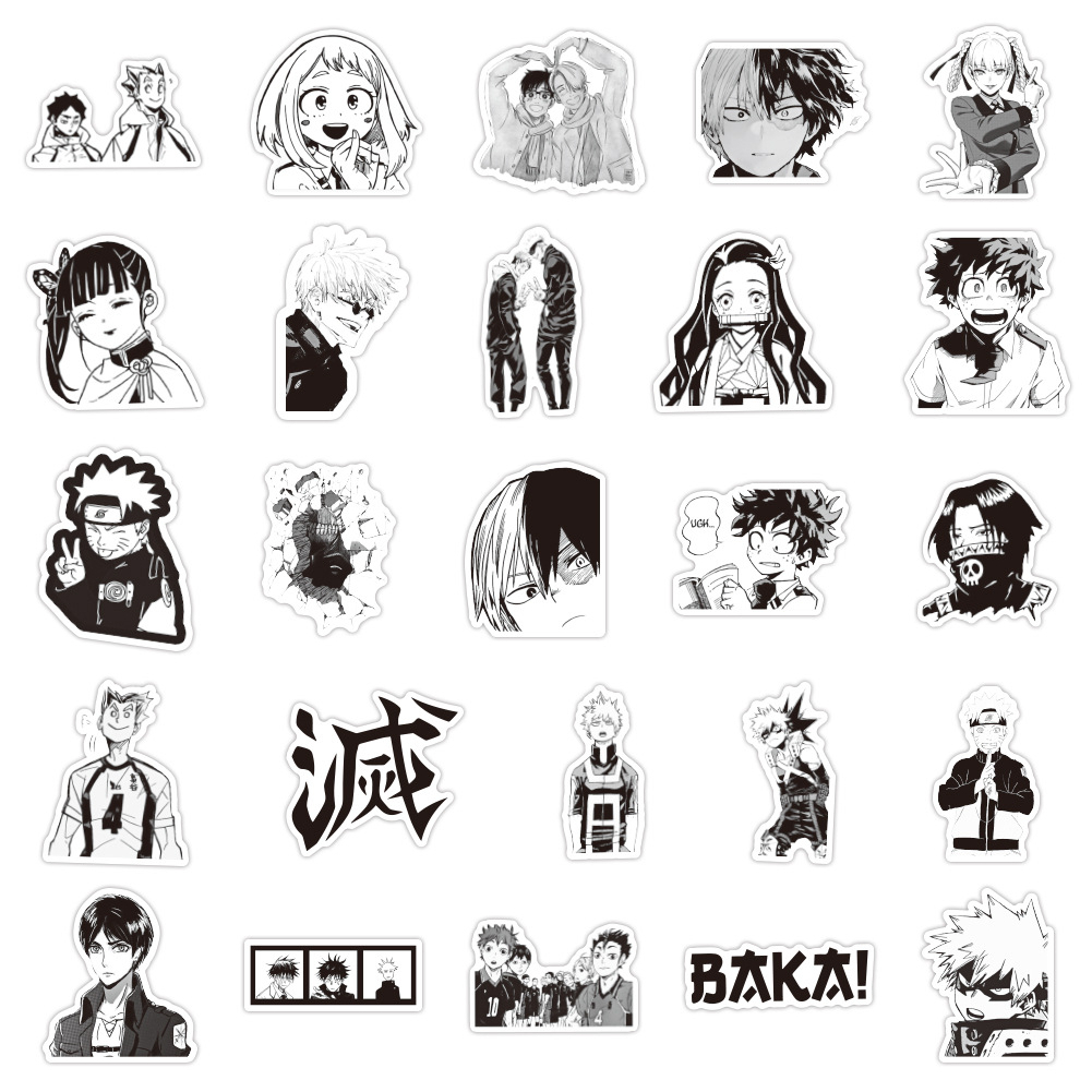 Bộ 50 Miếng Dán Hoạt Hình Màu Trắng Đen Cổ Điển Chống Thấm Nước DIY