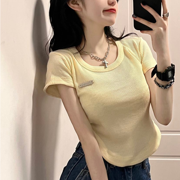 Áo Thun Ngắn Thiết Kế Viền Bánh Waffle Dễ Thương Ngọt Ngào