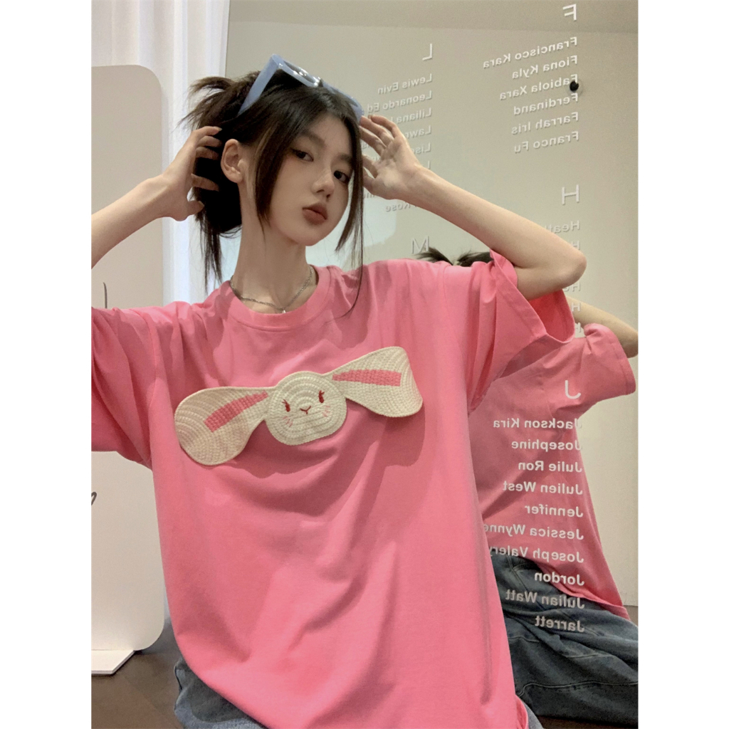 QADCOL Áo Thun Tay Ngắn Cổ Tròn In Hình Thỏ Ba Chiều Thiết Kế Mỏng Thời Trang Mùa Hè Mới Dành Cho Bạn Nữ