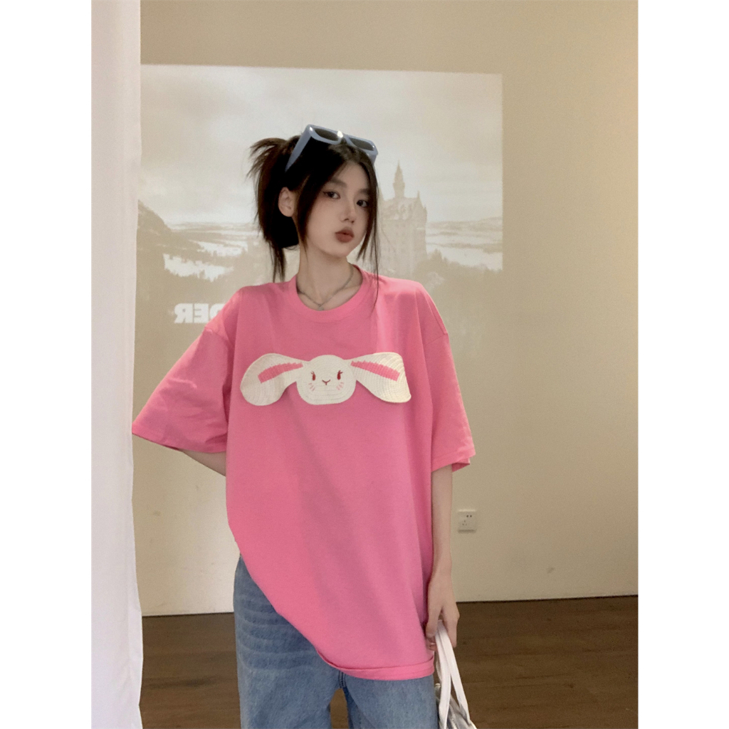 QADCOL Áo Thun Tay Ngắn Cổ Tròn In Hình Thỏ Ba Chiều Thiết Kế Mỏng Thời Trang Mùa Hè Mới Dành Cho Bạn Nữ