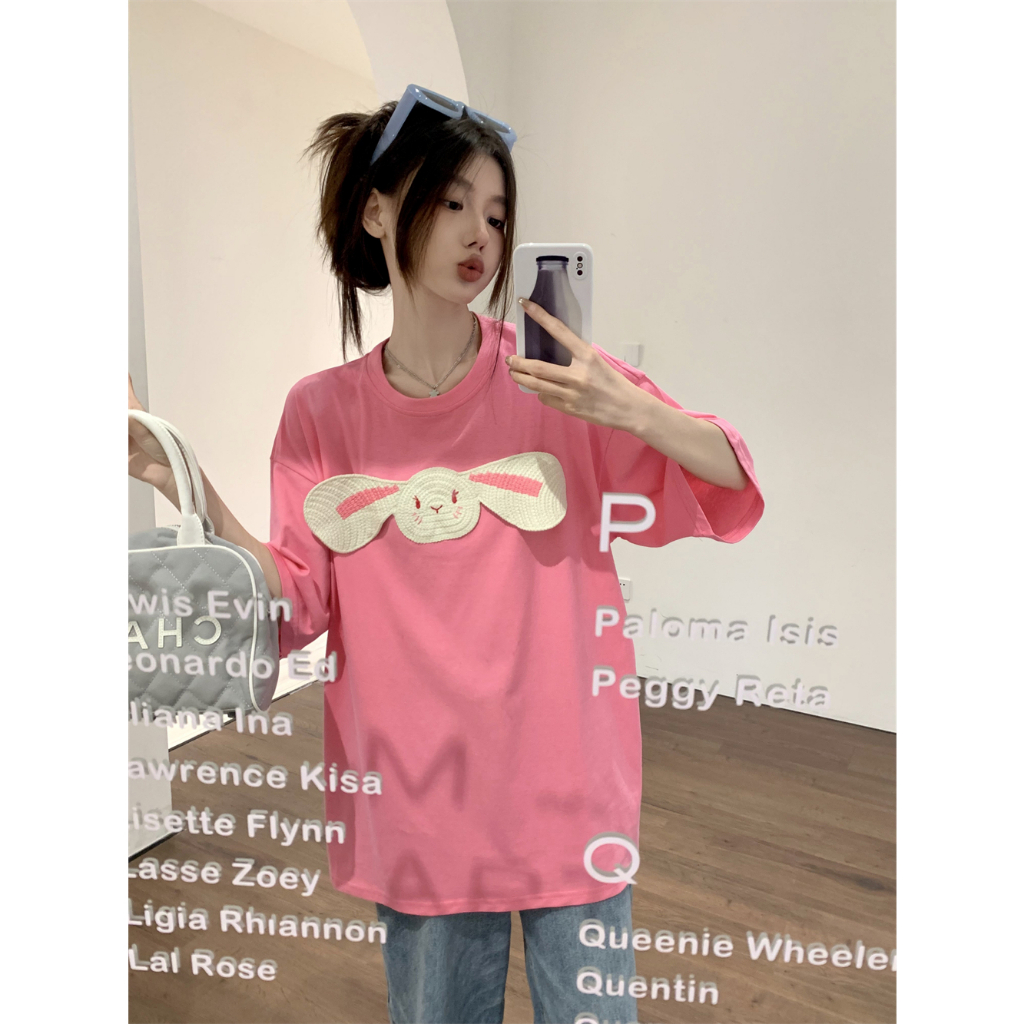 QADCOL Áo Thun Tay Ngắn Cổ Tròn In Hình Thỏ Ba Chiều Thiết Kế Mỏng Thời Trang Mùa Hè Mới Dành Cho Bạn Nữ