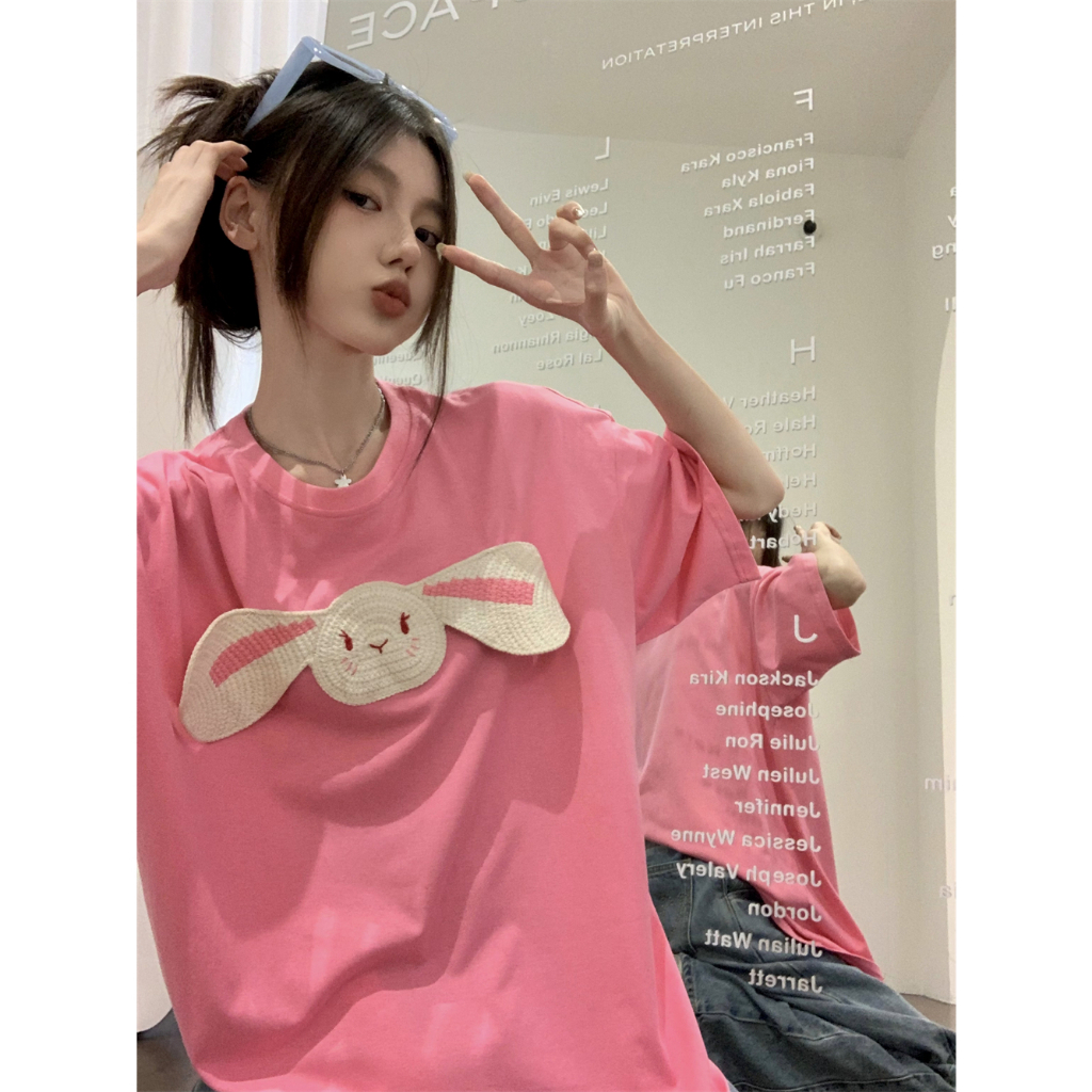 QADCOL Áo Thun Tay Ngắn Cổ Tròn In Hình Thỏ Ba Chiều Thiết Kế Mỏng Thời Trang Mùa Hè Mới Dành Cho Bạn Nữ