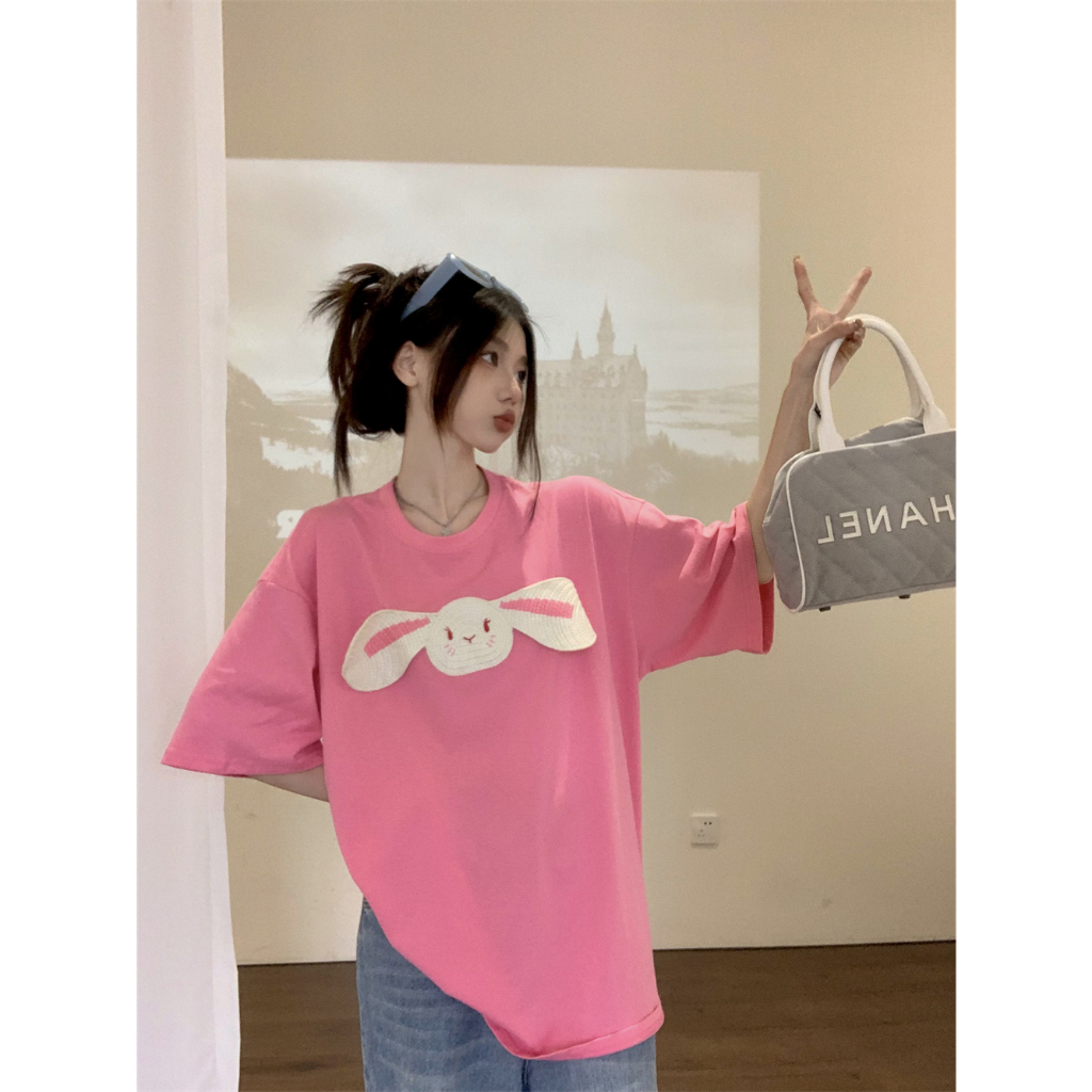 QADCOL Áo Thun Tay Ngắn Cổ Tròn In Hình Thỏ Ba Chiều Thiết Kế Mỏng Thời Trang Mùa Hè Mới Dành Cho Bạn Nữ