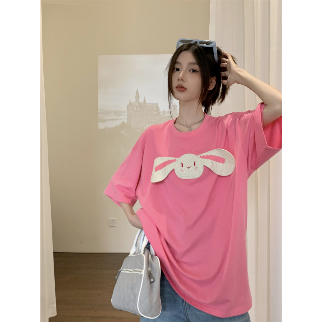 QADCOL Áo Thun Tay Ngắn Cổ Tròn In Hình Thỏ Ba Chiều Thiết Kế Mỏng Thời Trang Mùa Hè Mới Dành Cho Bạn Nữ