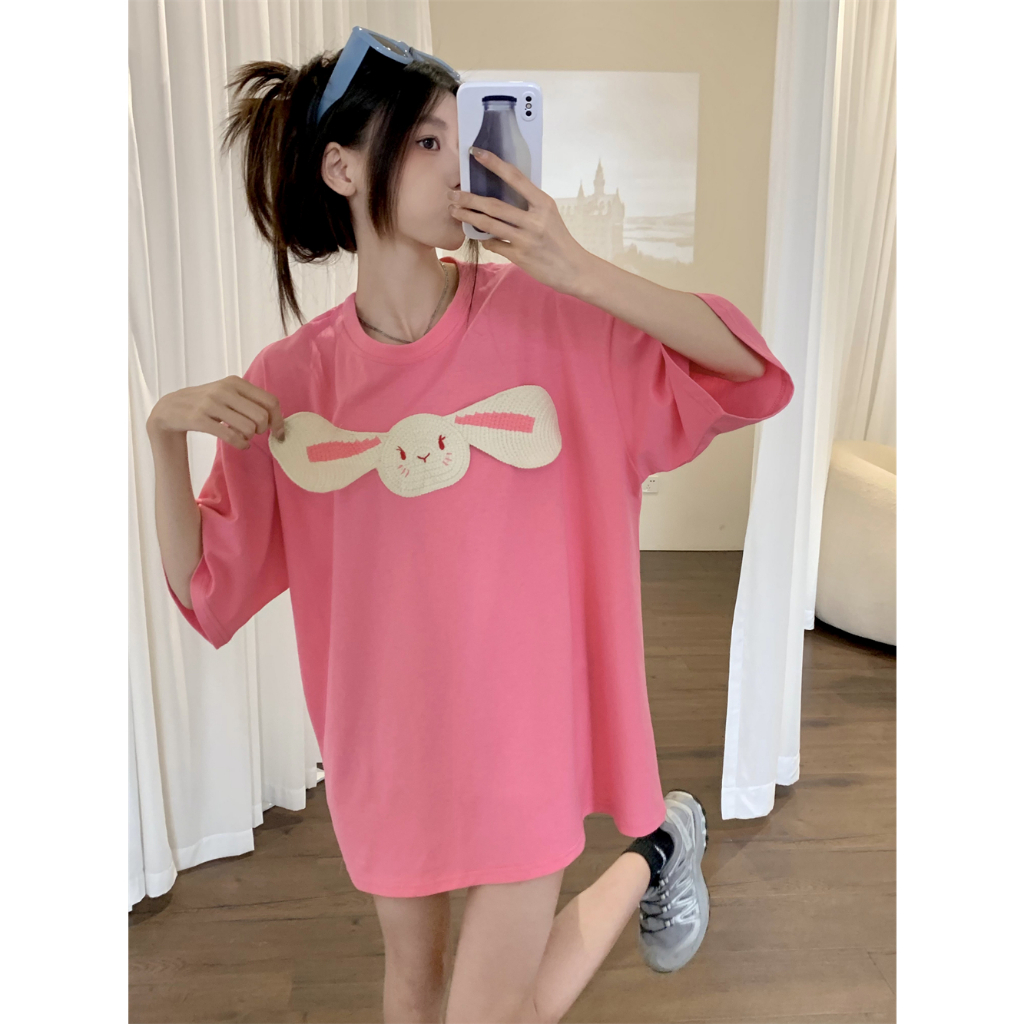 QADCOL Áo Thun Tay Ngắn Cổ Tròn In Hình Thỏ Ba Chiều Thiết Kế Mỏng Thời Trang Mùa Hè Mới Dành Cho Bạn Nữ