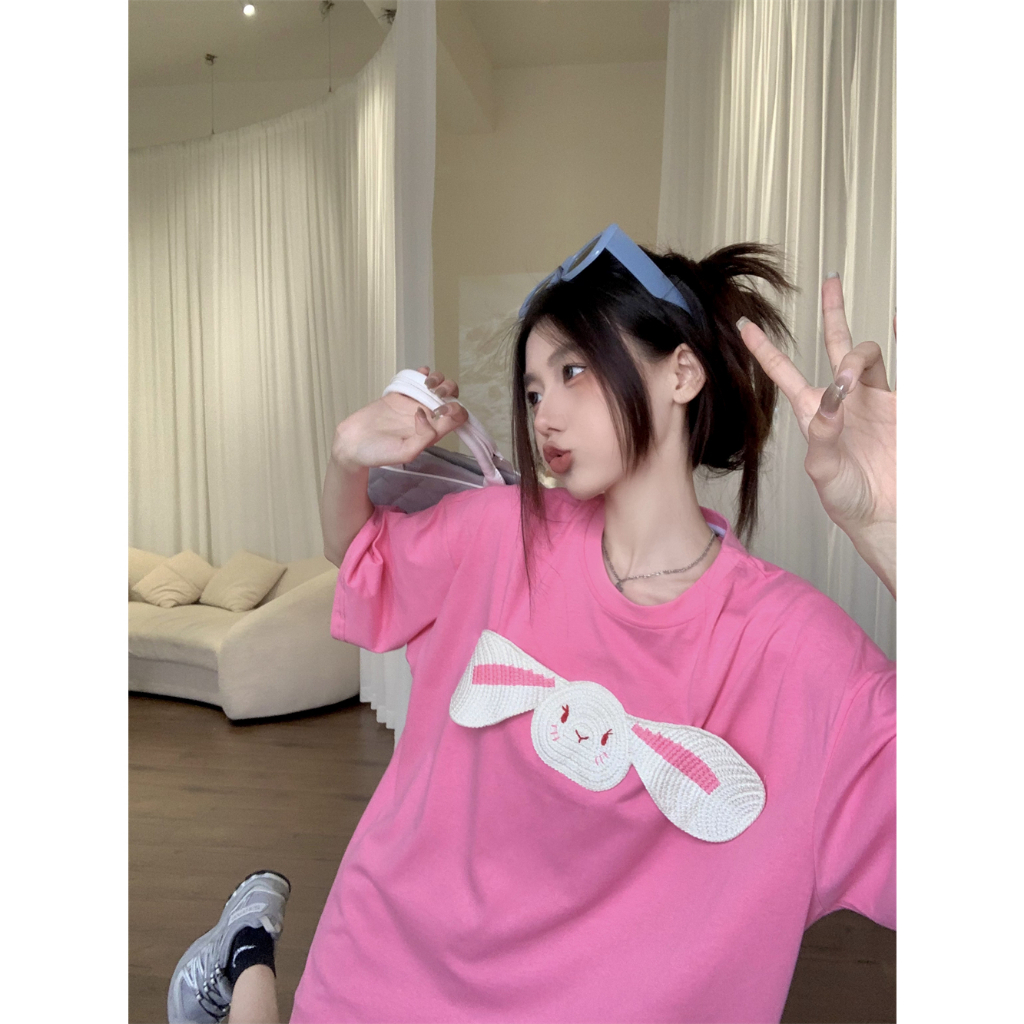 QADCOL Áo Thun Tay Ngắn Cổ Tròn In Hình Thỏ Ba Chiều Thiết Kế Mỏng Thời Trang Mùa Hè Mới Dành Cho Bạn Nữ