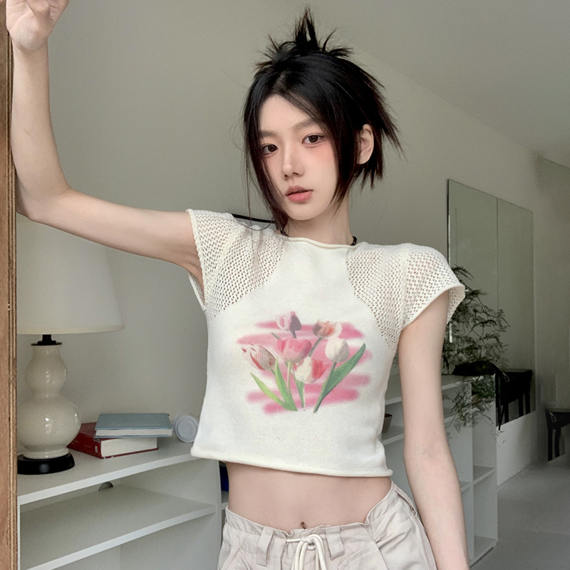 Áo Croptop Dệt Kim Tay Ngắn In Họa Tiết Xinh Xắn Cho Nữ