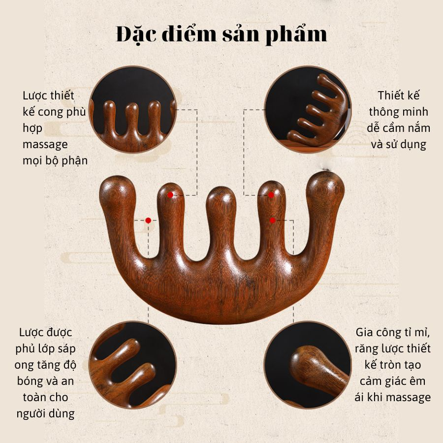 Lược Chải Tóc Mát Xa Da Đầu Bằng Gỗ Đàn Hương Lụa Vàng