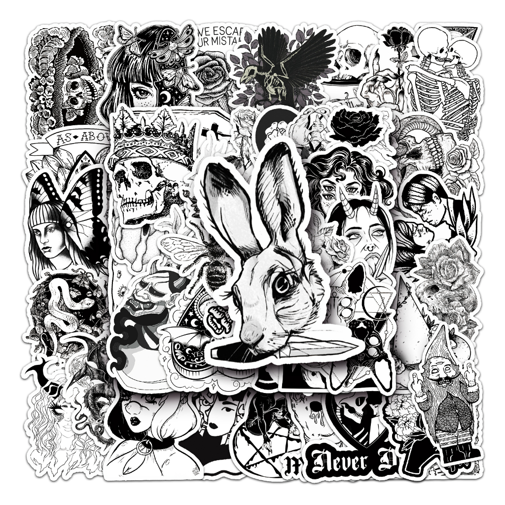 Bộ 50 Miếng Dán Trang Trí Xe Hơi / Mô Tô Họa Tiết Trắng Đen Vui Nhộn Chống Thấm Nước DIY