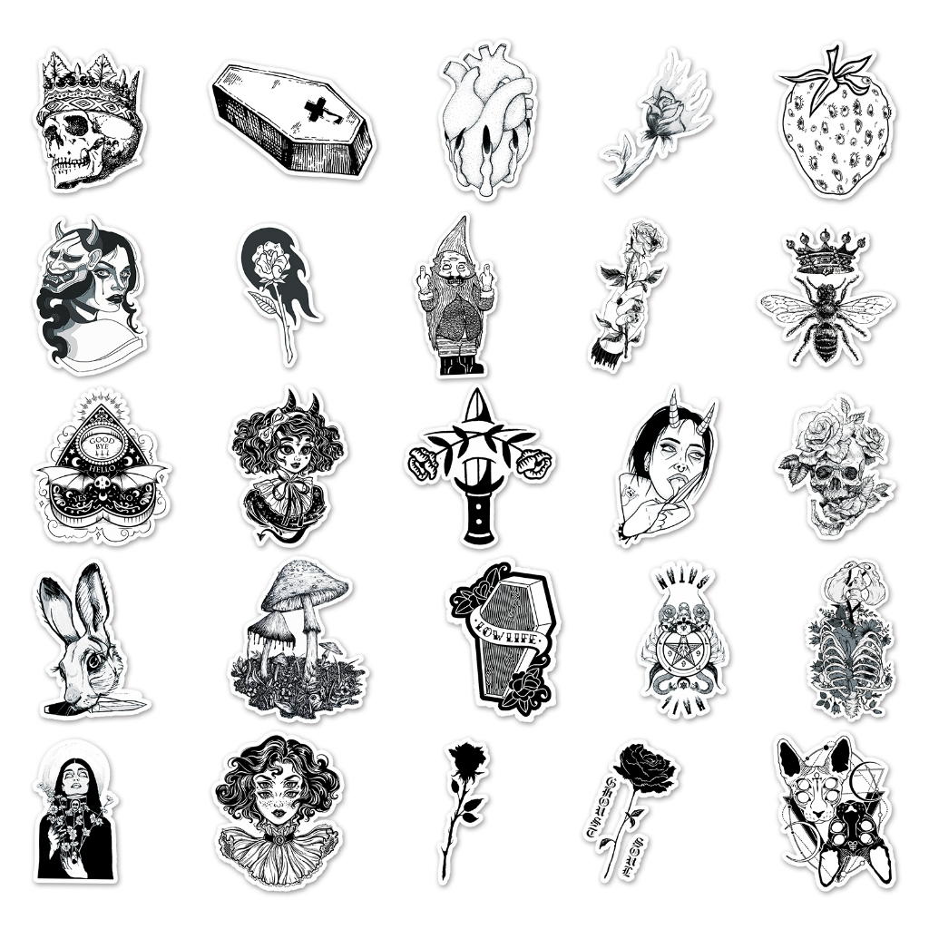 Bộ 50 Miếng Dán Trang Trí Xe Hơi / Mô Tô Họa Tiết Trắng Đen Vui Nhộn Chống Thấm Nước DIY