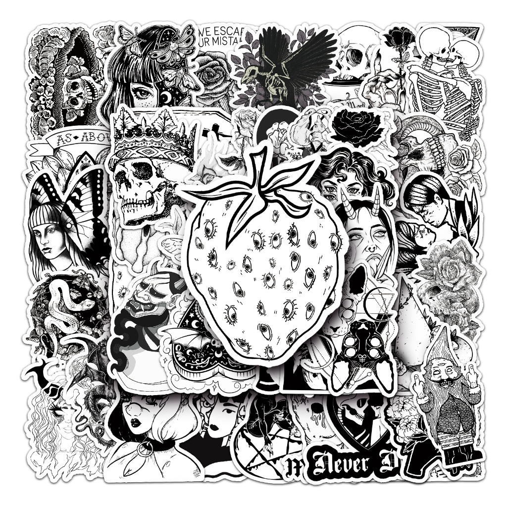 Bộ 50 Miếng Dán Trang Trí Xe Hơi / Mô Tô Họa Tiết Trắng Đen Vui Nhộn Chống Thấm Nước DIY