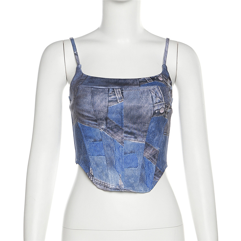 Áo Denim Hai Dây Nhuộm Màu Mềm Mại Co Giãn Phong Cách Retro Y2K Cho Nữ