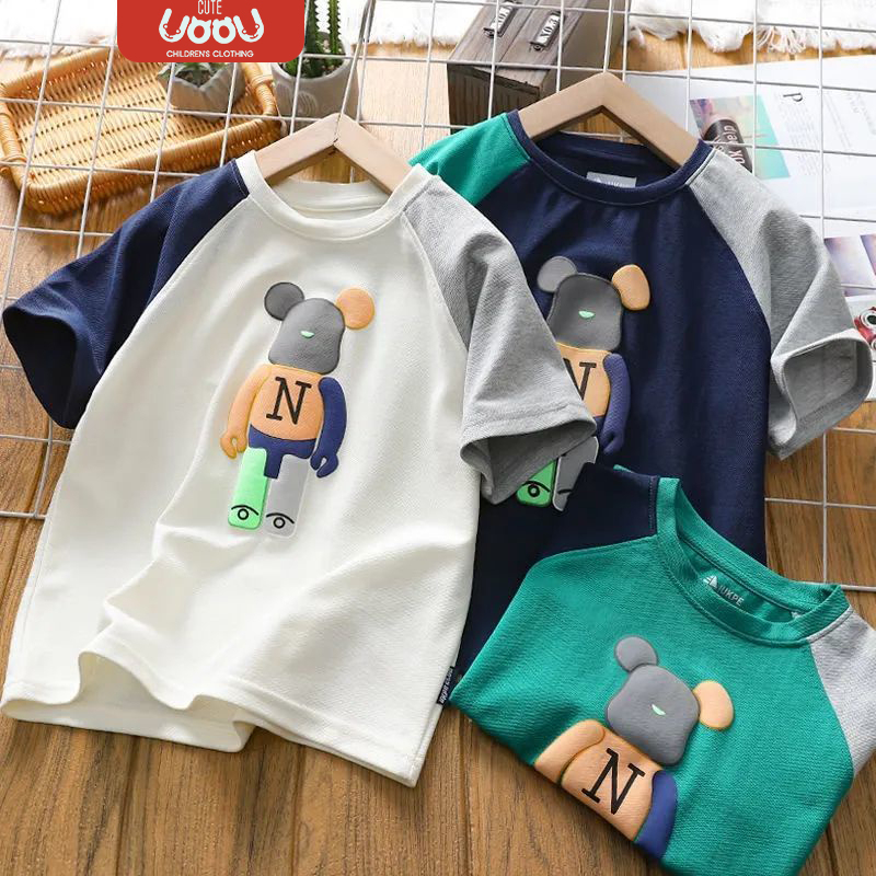 Sun baby Áo Thun Tay Ngắn Cổ Tròn In Hình Gấu Dễ Thương Phong Cách Hàn Quốc Thời Trang Mùa Hè