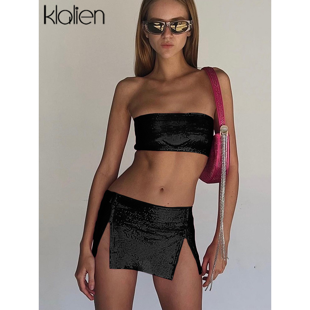 Klalien Set Áo Crop top Quấn Ngực Màu Đồng Trơn Lấp Lánh + Chân Váy Mini Lưng Cao Xẻ Tà Bên Hông Gợi Cảm Cho Nữ