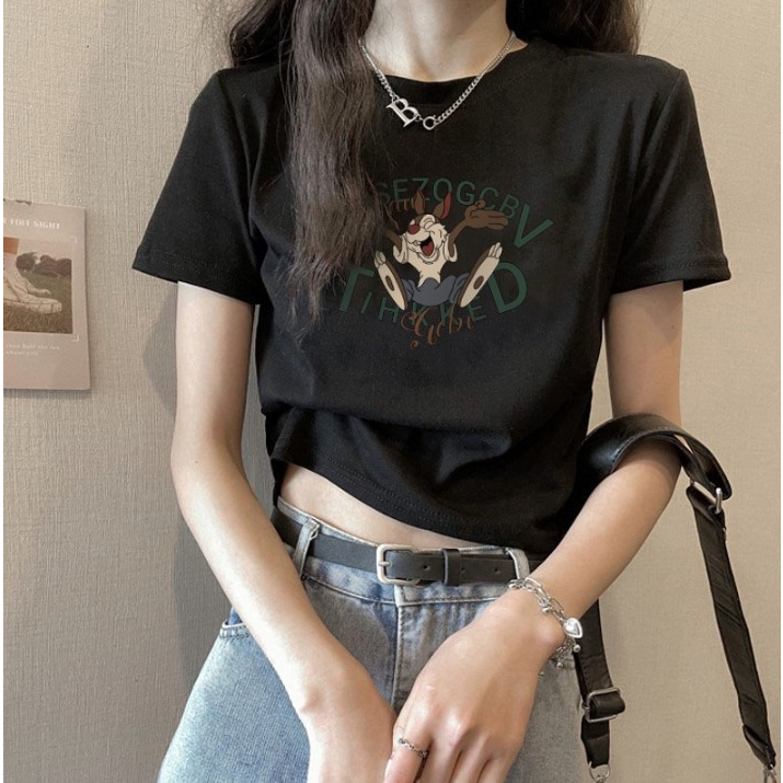 Cocory vn Áo Thun crop top Nữ Tay Ngắn In Hình Phong Cách Hàn Quốc