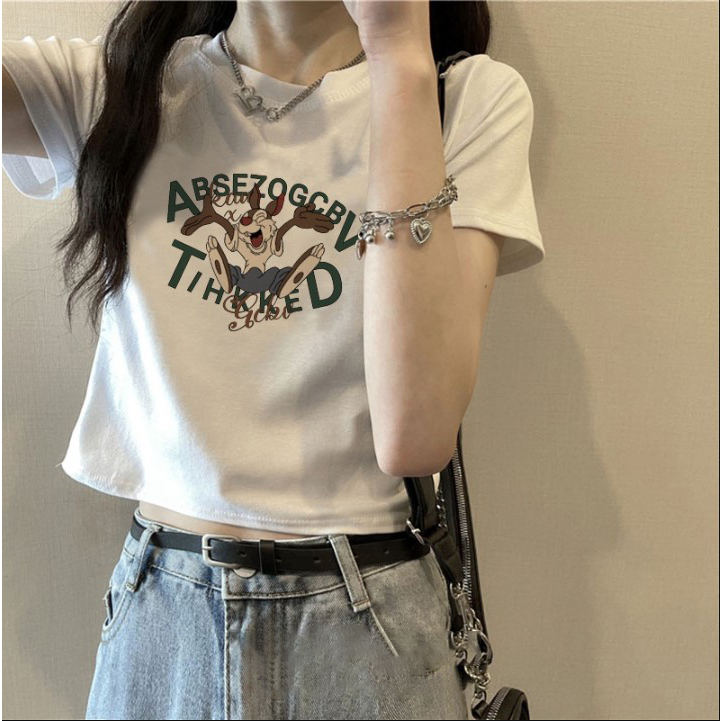 Cocory vn Áo Thun crop top Nữ Tay Ngắn In Hình Phong Cách Hàn Quốc