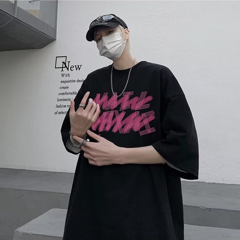 Áo Thun 100% Cotton Tay Lửng Cổ Tròn In Chữ Phong Cách Hàn Quốc Cho Nam