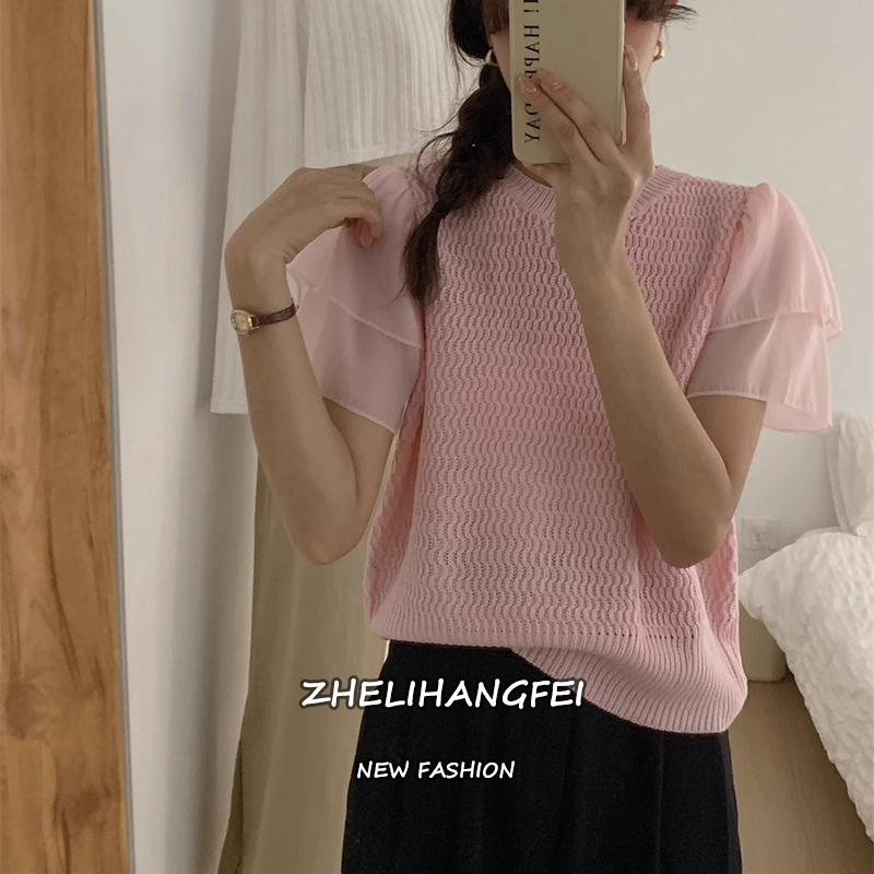ZHELIHANGFEI Áo len dệt kim khâu chiffon tay ngắn và áo sơ mi ngọt ngào và cay