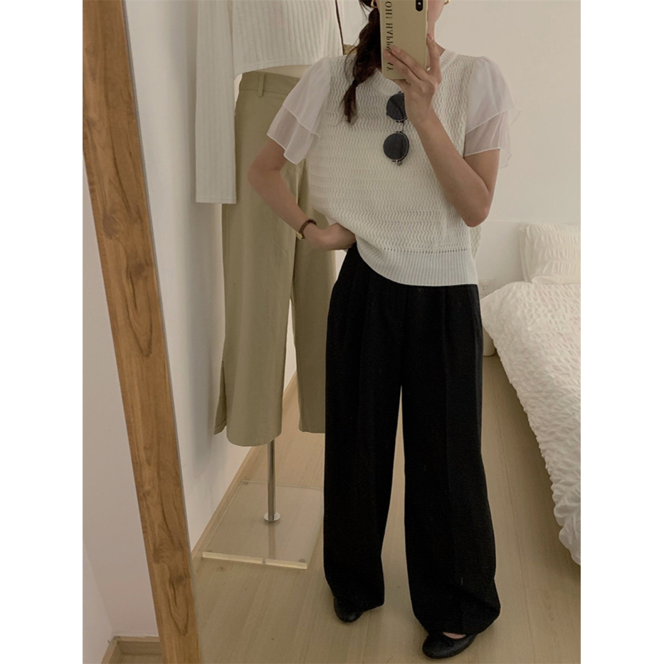 ZHELIHANGFEI Áo len dệt kim khâu chiffon tay ngắn và áo sơ mi ngọt ngào và cay