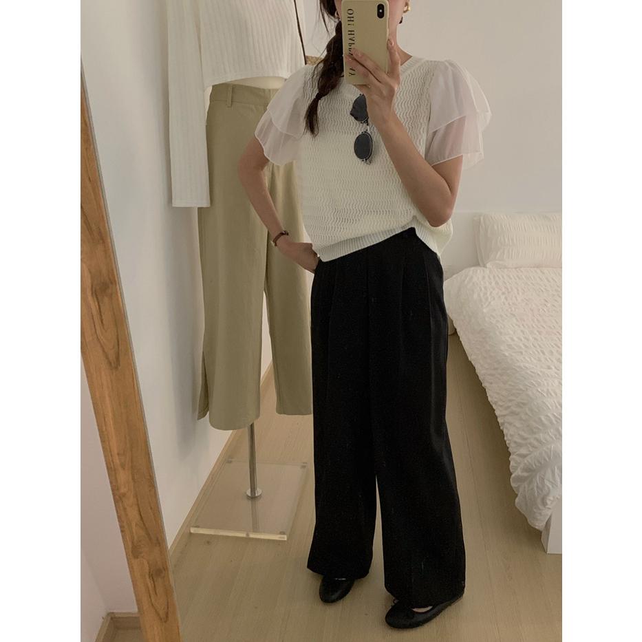 ZHELIHANGFEI Áo len dệt kim khâu chiffon tay ngắn và áo sơ mi ngọt ngào và cay