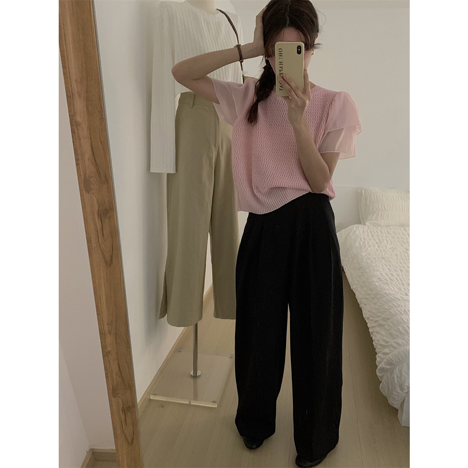 ZHELIHANGFEI Áo len dệt kim khâu chiffon tay ngắn và áo sơ mi ngọt ngào và cay