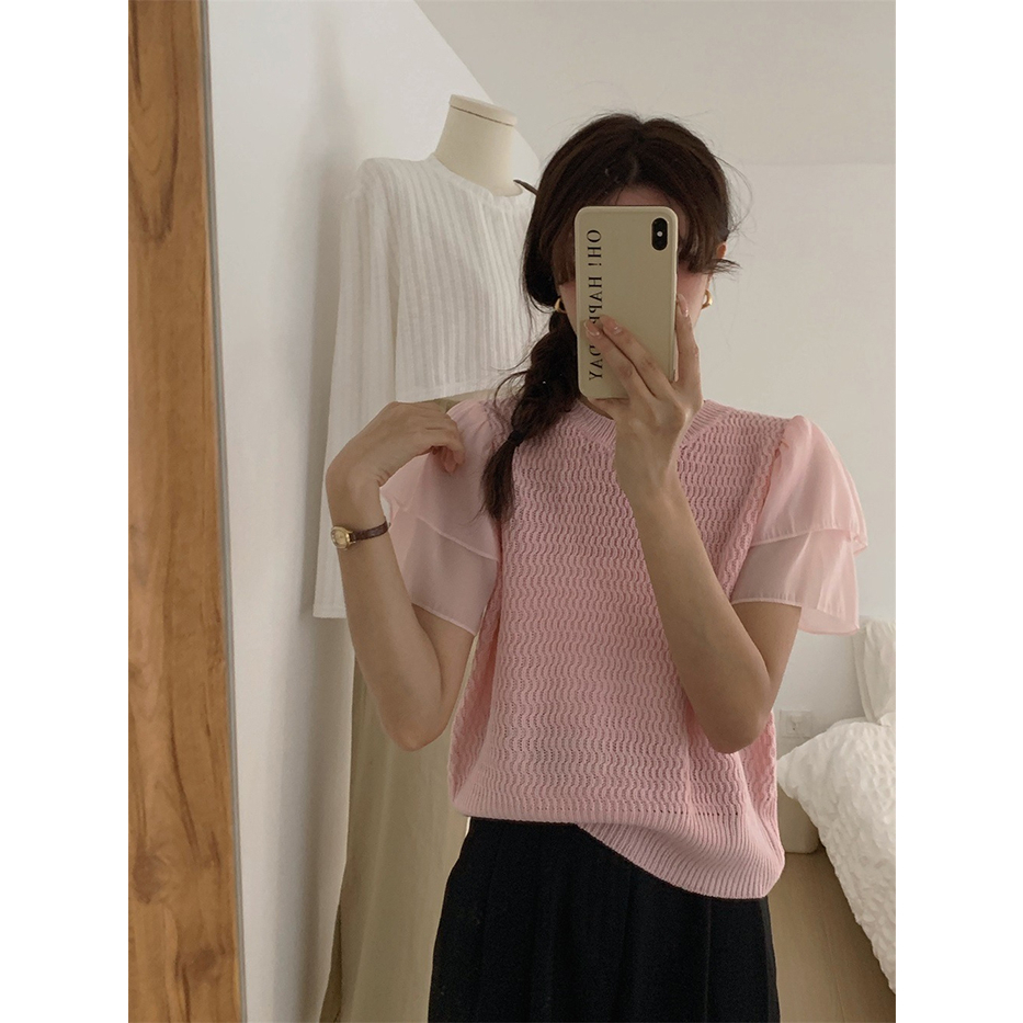 ZHELIHANGFEI Áo len dệt kim khâu chiffon tay ngắn và áo sơ mi ngọt ngào và cay