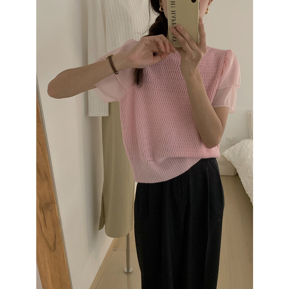 ZHELIHANGFEI Áo len dệt kim khâu chiffon tay ngắn và áo sơ mi ngọt ngào và cay