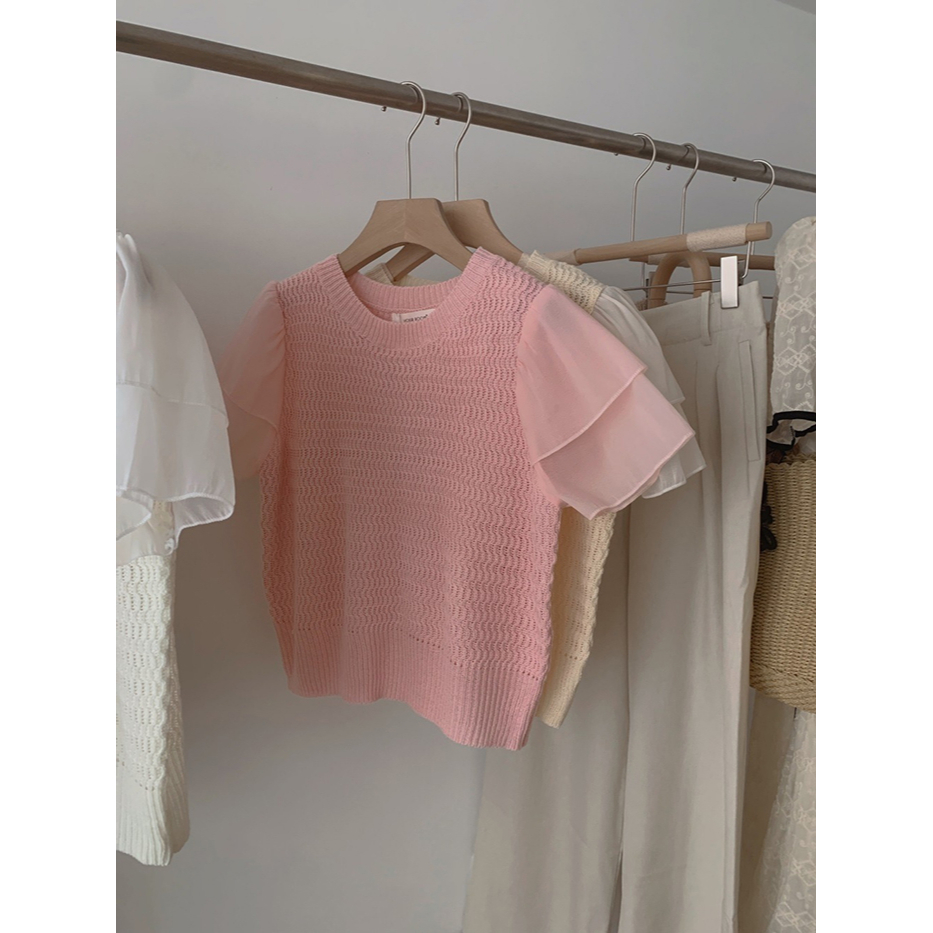 ZHELIHANGFEI Áo len dệt kim khâu chiffon tay ngắn và áo sơ mi ngọt ngào và cay