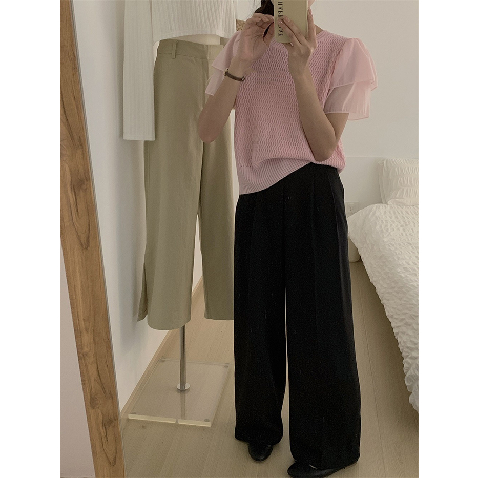 ZHELIHANGFEI Áo len dệt kim khâu chiffon tay ngắn và áo sơ mi ngọt ngào và cay