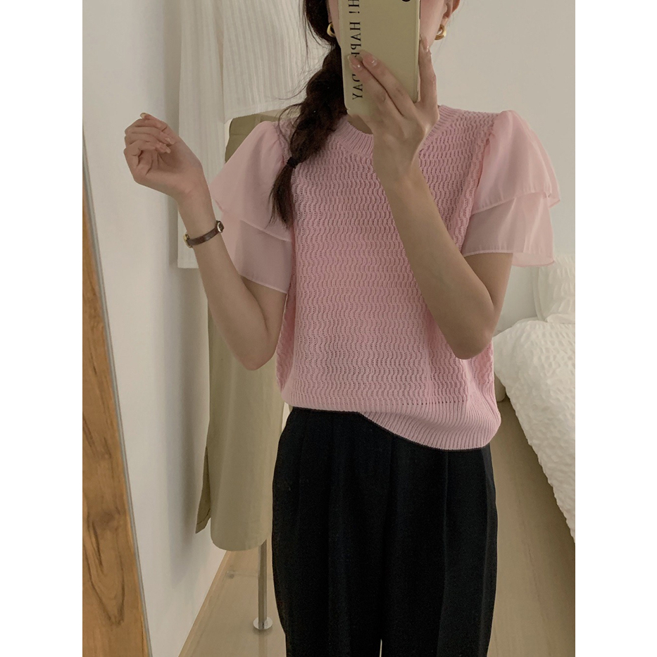 ZHELIHANGFEI Áo len dệt kim khâu chiffon tay ngắn và áo sơ mi ngọt ngào và cay