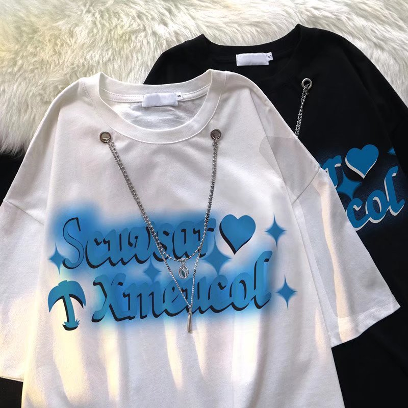 Kim loại Necklace mặt dây chuyền T-Shirt Nam Hàn Quốc xu hướng thời trang vòng cổ ngắn tay rắn màu chữ in đầu nam