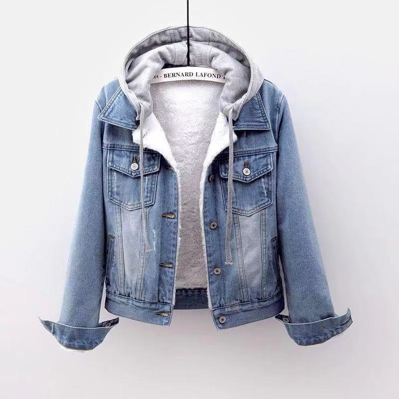 Áo Khoác Denim Đệm Lông Cừu Dày Dặn Có Nón Tháo Rời Được Phiên Bản Hàn Quốc Cho Nữ