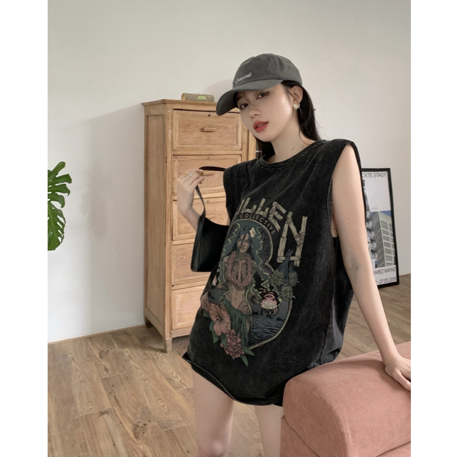 Áo Thun Đen Sát Nách Dáng Rộng Phong Cách vintage Mỹ Cá Tính Cho Nữ